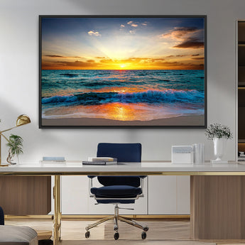 50627-MGV-CV-36X24-Ocean Sunset Wall Art – Serene Beach Canvas Print with Waves and Golden Sky, Coastal Decor for Living Room or Office