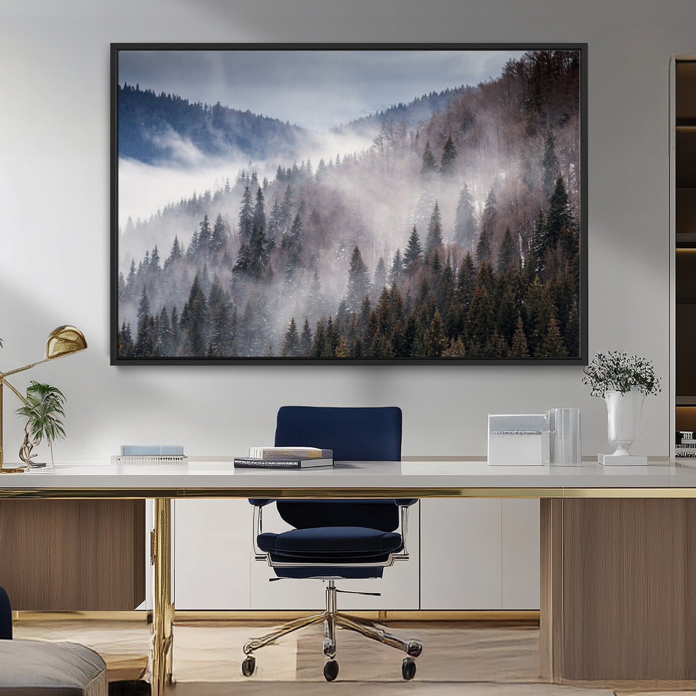 18459-MGV-CV-36X24-Misty Pine Forest Wall Art – Serene Mountain Landscape Canvas Print, Tranquil Nature Artwork for Living Room, Bedroom, Cabin or