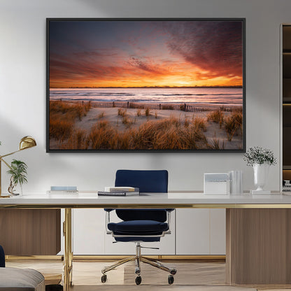90176-MGV-CV-36X24-Beach Sunset Wall Art – Coastal Sand Dune Canvas Print with Ocean Waves and Dramatic Sky, Seaside Landscape Decor for Living Room