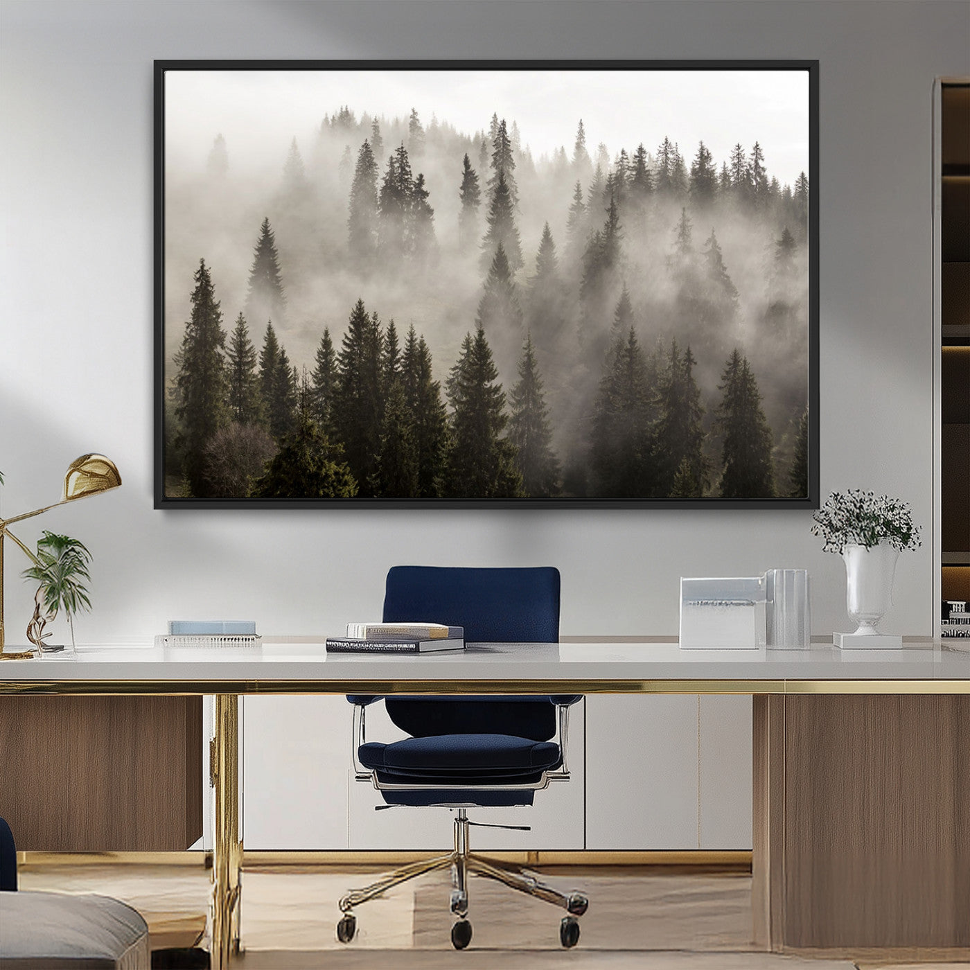 62862-MGV-CV-36X24-Misty Forest Wall Art – Tranquil Pine Tree Canvas Print with Mountain Fog, Nature Landscape Artwork for Living Room, Bedroom, or