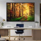 73494-MGV-CV-36X24-Golden Autumn Forest Path Wall Art – Sunlit Woodland Canvas Print, Fall Nature Landscape Home Decoration