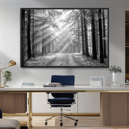 39665-MGV-FC-36X24_Black-Black and White Forest Path Wall Art – Sunlight Rays in Trees Canvas Print, Nature Landscape Decor for Living Room or Office