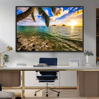 68606-MGV-FC-36X24_Black-Tropical Palm Tree Ocean Wall Art – Sunset Beach Seascape Print, Coastal Paradise Decor for Living Room or Office