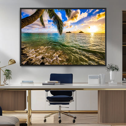 68606-MGV-FC-36X24_Black-Tropical Palm Tree Ocean Wall Art – Sunset Beach Seascape Print, Coastal Paradise Decor for Living Room or Office