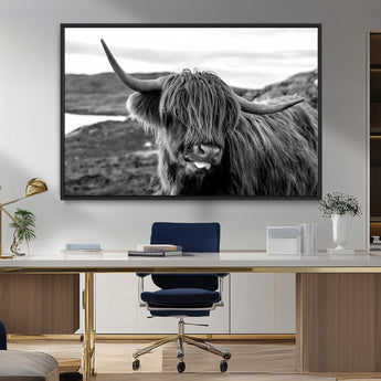 83810-MGV-FC-36X24_Black-Highland Cow Wall Art – Black and White Highland Cattle Print, Rustic Farmhouse Animal Decor for Living Room or Office