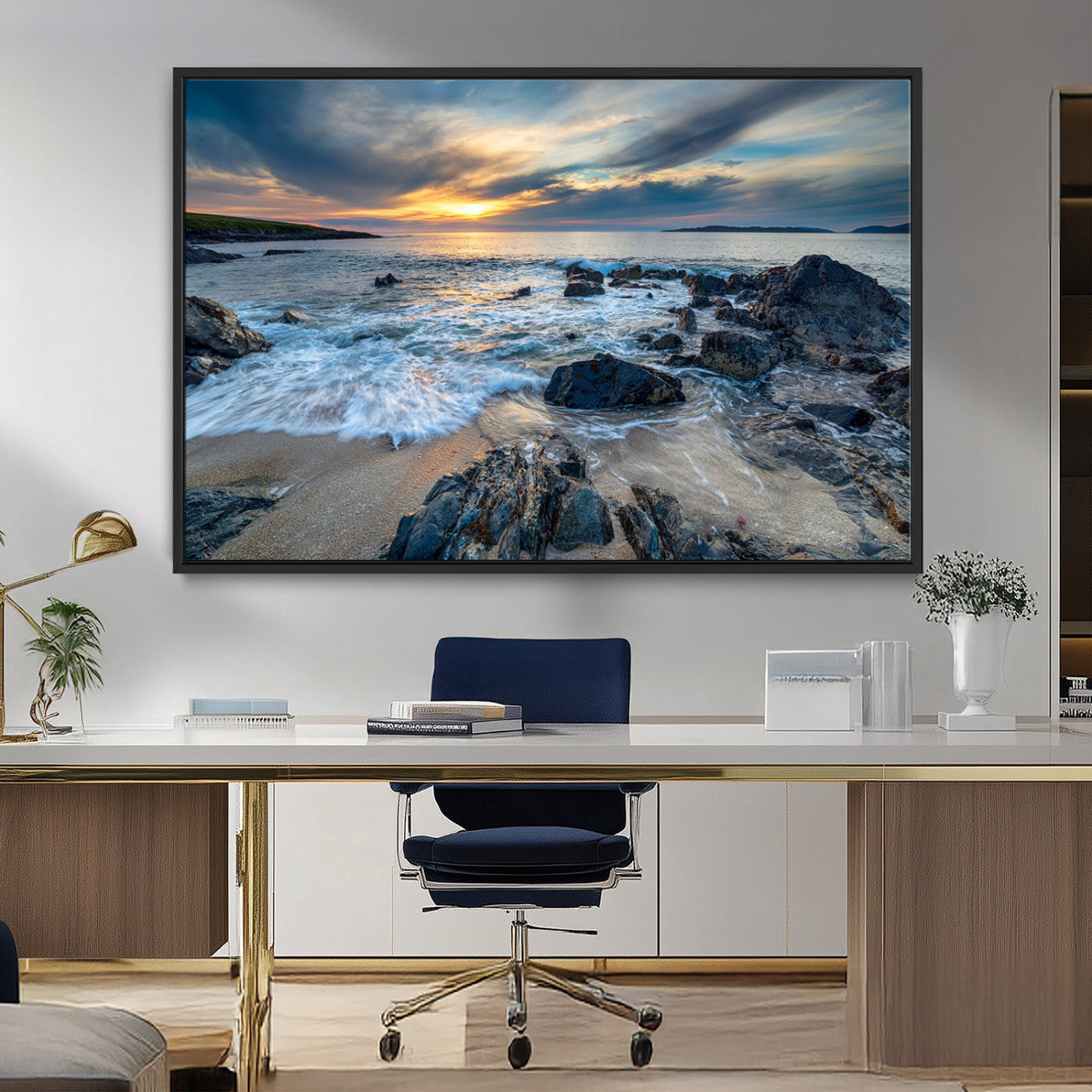 17902-MGV-CV-36X24-Rocky Shore Ocean Sunset Wall Art – Coastal Seascape Canvas Print, Nature Beach Decor for Living Room or Office