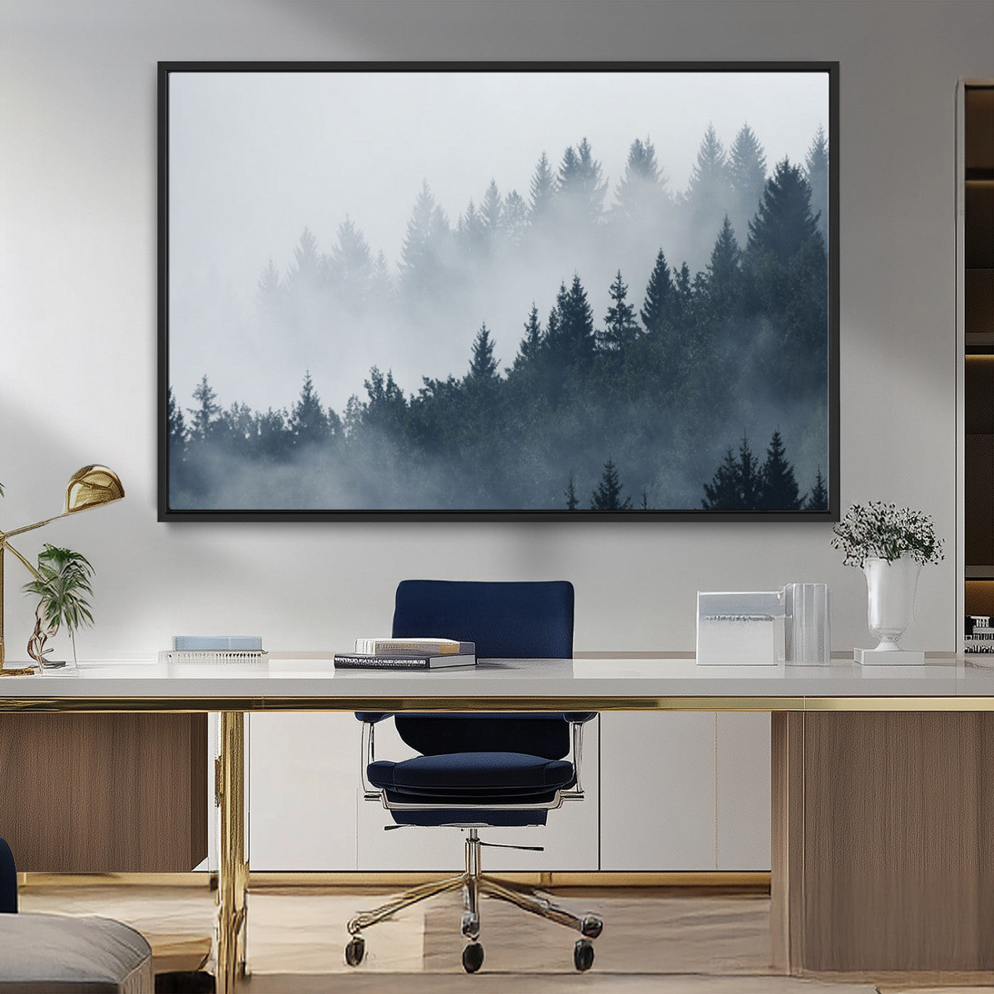 23671-MGV-CV-36X24-Misty Forest Wall Art – Serene Foggy Pine Trees Landscape Canvas Print, Tranquil Nature Decor for Living Room, Bedroom or Office