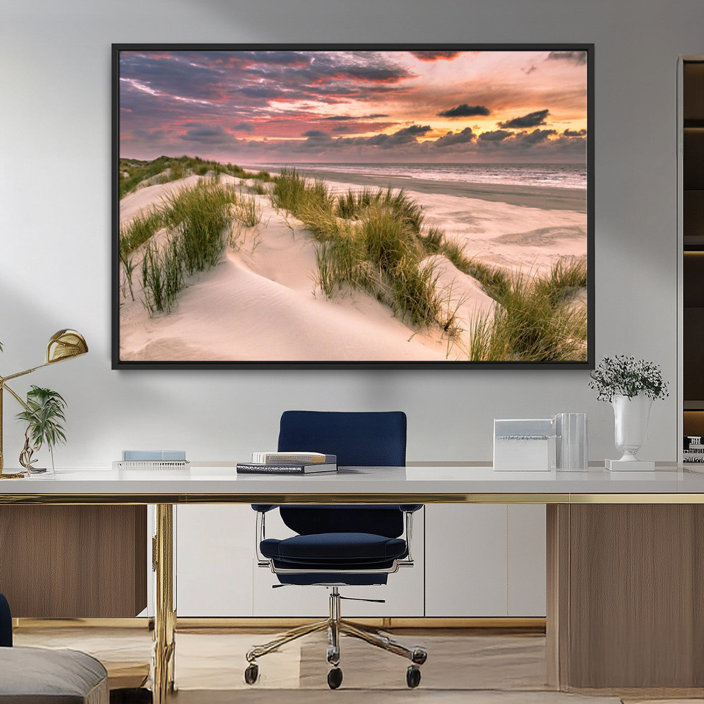 60570-MGV-CV-36X24-Beach Sunset Wall Art – Coastal Sand Dunes and Ocean Horizon Canvas Print, Tranquil Seascape Photography Decor for Living Room or