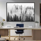 10422-MGV-CV-36X24-Misty Pine Forest Wall Art – Black and White Foggy Landscape Canvas Print, Serene Nature Woodland Decor for Bedroom, Office or