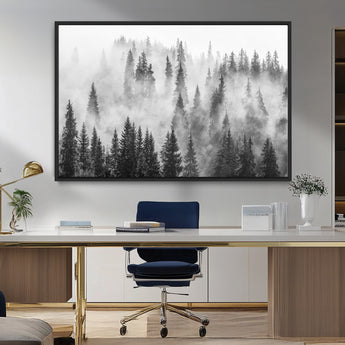 10422-MGV-CV-36X24-Misty Pine Forest Wall Art – Black and White Foggy Landscape Canvas Print, Serene Nature Woodland Decor for Bedroom, Office or