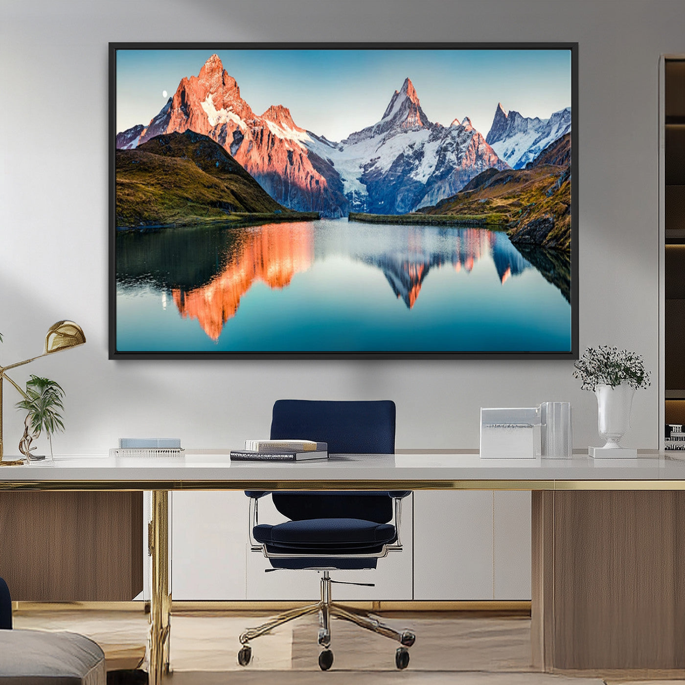 88453-MGV-FC-36X24_Black-Mountain Lake Wall Art – Snow-Capped Peaks Reflected in Alpine Water Canvas Print, Nature Landscape Wall Decor for Living Room or