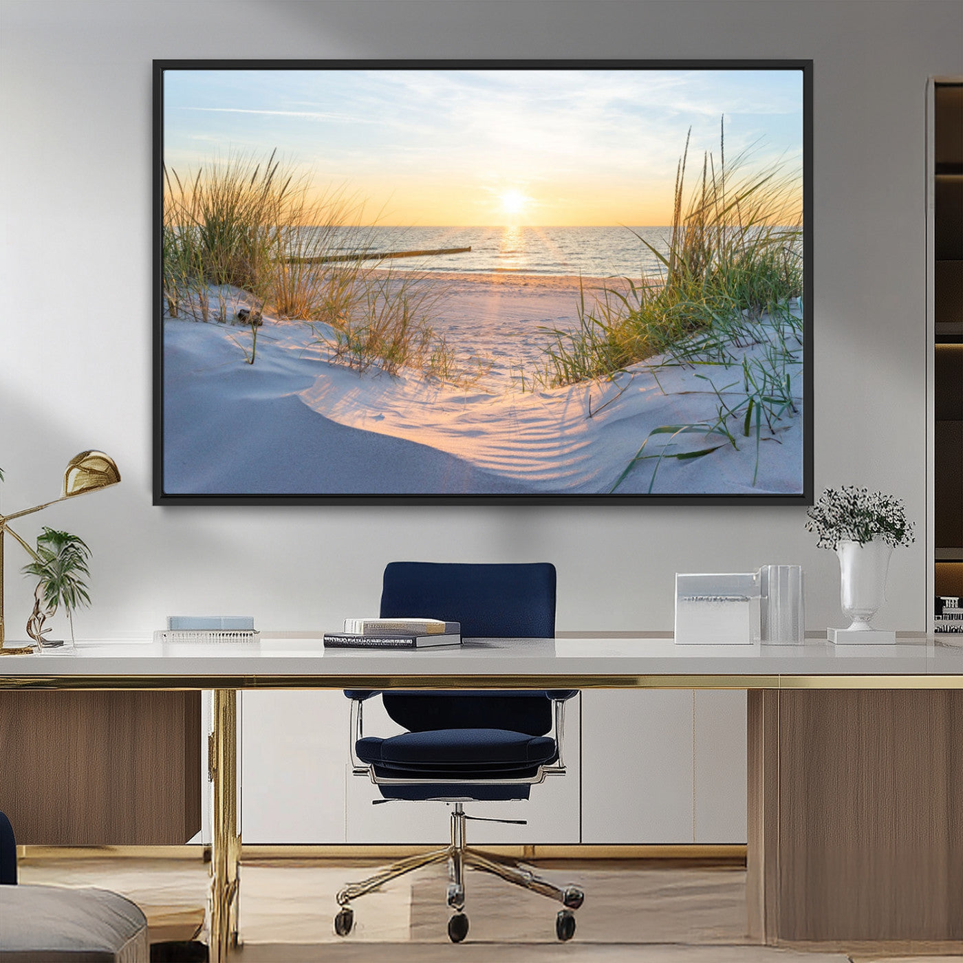 48907-MGV-CV-36X24-Beach Sunset Wall Art – Coastal Sand Dunes and Ocean View Canvas Print, Serene Seaside Landscape Painting for Living Room, Bedroom