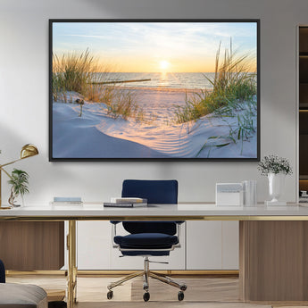 48907-MGV-CV-36X24-Beach Sunset Wall Art – Coastal Sand Dunes and Ocean View Canvas Print, Serene Seaside Landscape Painting for Living Room, Bedroom