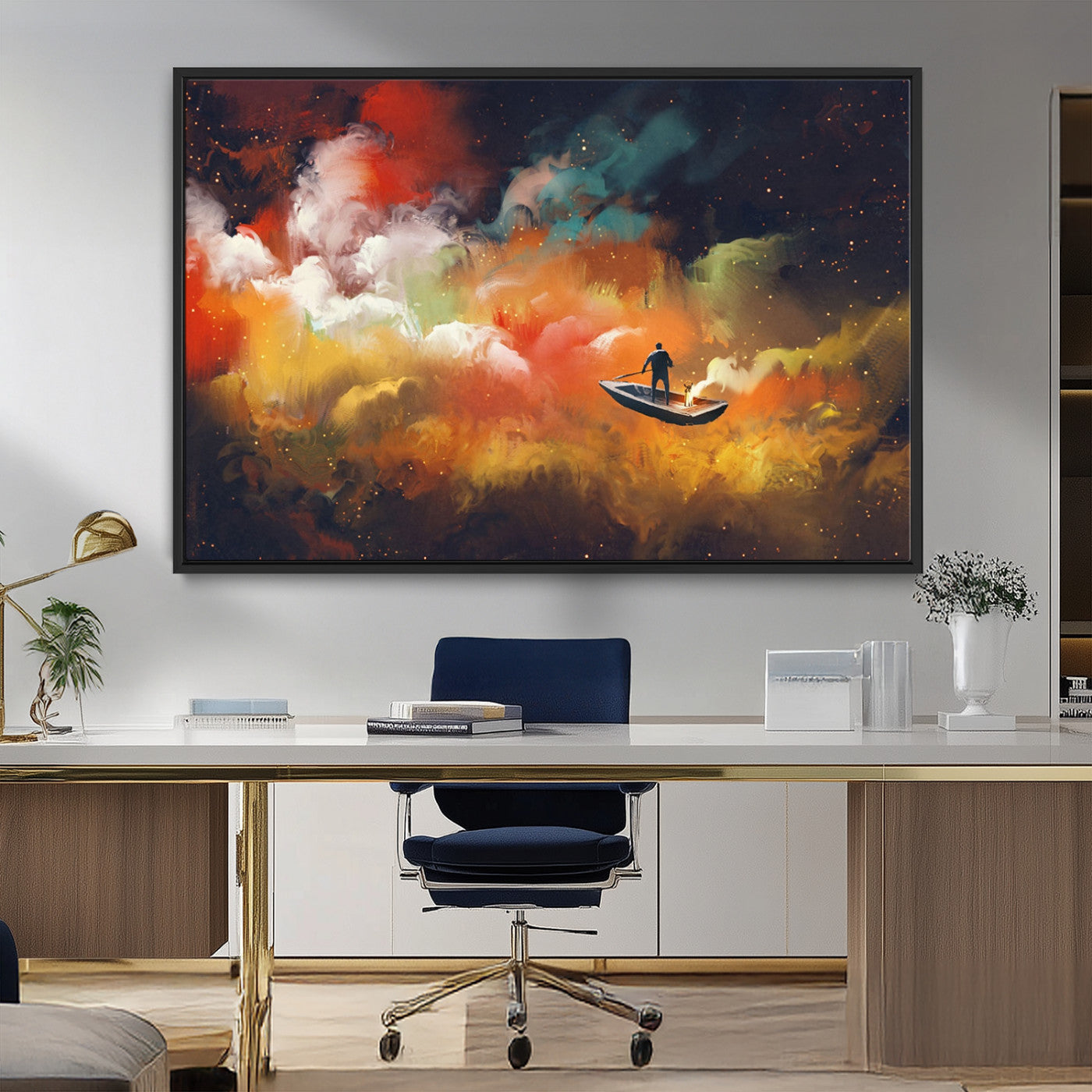45085-MGV-CV-36X24-Surreal Cosmic Wall Art – Abstract Galaxy Dreamscape Canvas Print with Man and Dog in Boat, Fantasy Nebula Painting for Living