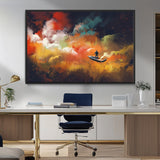 45085-MGV-CV-36X24-Surreal Cosmic Wall Art – Abstract Galaxy Dreamscape Canvas Print with Man and Dog in Boat, Fantasy Nebula Painting for Living
