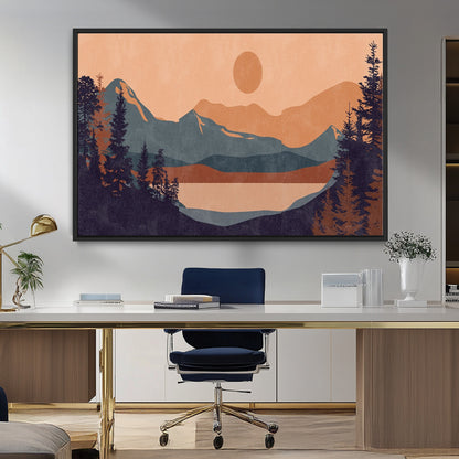 62795-MGV-FC-36X24_Black-Minimalist Mountain Landscape Wall Art – Abstract Sunset Over Peaks and Pine Trees Canvas Print, Modern Nature Decor for Living