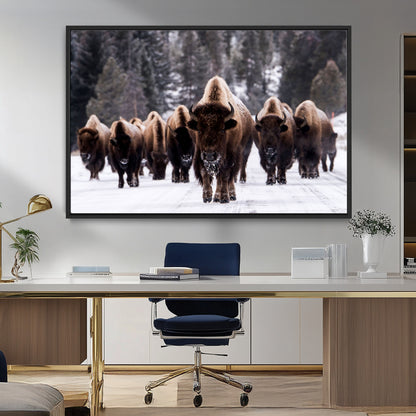 66871-MGV-FC-36X24_Black-Bison Herd Wall Art – Wildlife Buffalo Canvas Print, Rustic Western Nature Photography Decor for Living Room, Office, Cabin, or