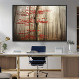 61855-MGV-FC-36X24_Black-Misty Forest Wall Art – Red Tree with Autumn Leaves Canvas Print, Moody Woodland Nature Decor for Living Room, Bedroom, or Office
