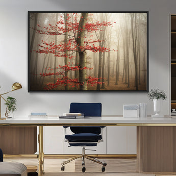 61855-MGV-FC-36X24_Black-Misty Forest Wall Art – Red Tree with Autumn Leaves Canvas Print, Moody Woodland Nature Decor for Living Room, Bedroom, or Office