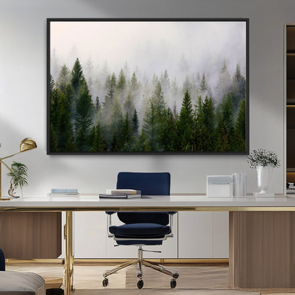 11436-MGV-CV-36X24-Misty Forest Wall Art – Tranquil Evergreen Tree Canvas Print with Foggy Landscape, Nature Inspired Artwork for Bedroom, Living