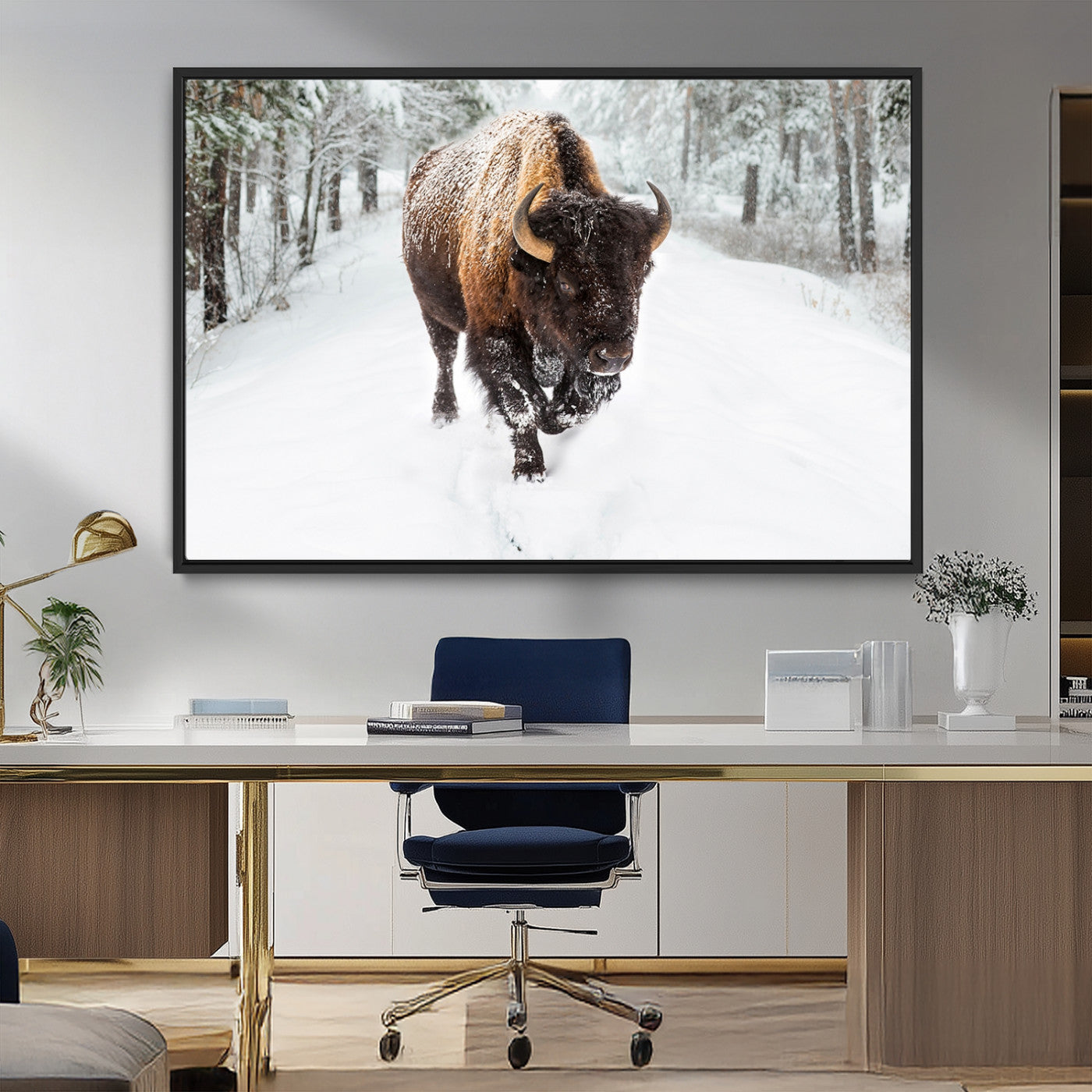 84699-MGV-CV-36X24-Bison in Winter Wall Art – Majestic Buffalo Canvas Print with Snowy Forest Landscape, Rustic Wildlife Artwork for Cabin, Living