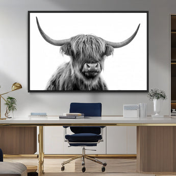 10123-MGV-CV-36X24-Black and White Highland Cow Wall Art – Modern Farmhouse Animal Print, Rustic Scottish Bull Canvas Decor for Living Room, Bedroom,