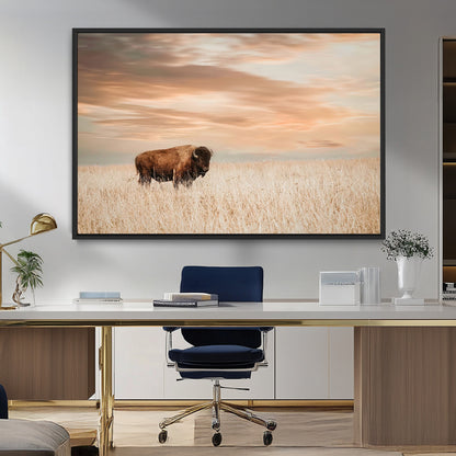 99699-MGV-CV-36X24-Bison in Prairie at Sunset – Wildlife Photography Print, American Buffalo Wall Art, Nature Landscape Canvas Decor for Office