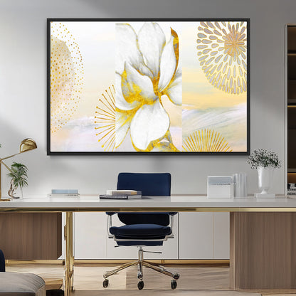 82301-MGV-CV-36X24-Modern Floral Wall Art – White Flower with Gold Detailing Canvas Print, Elegant Abstract Artwork for Living Room, Bedroom, or