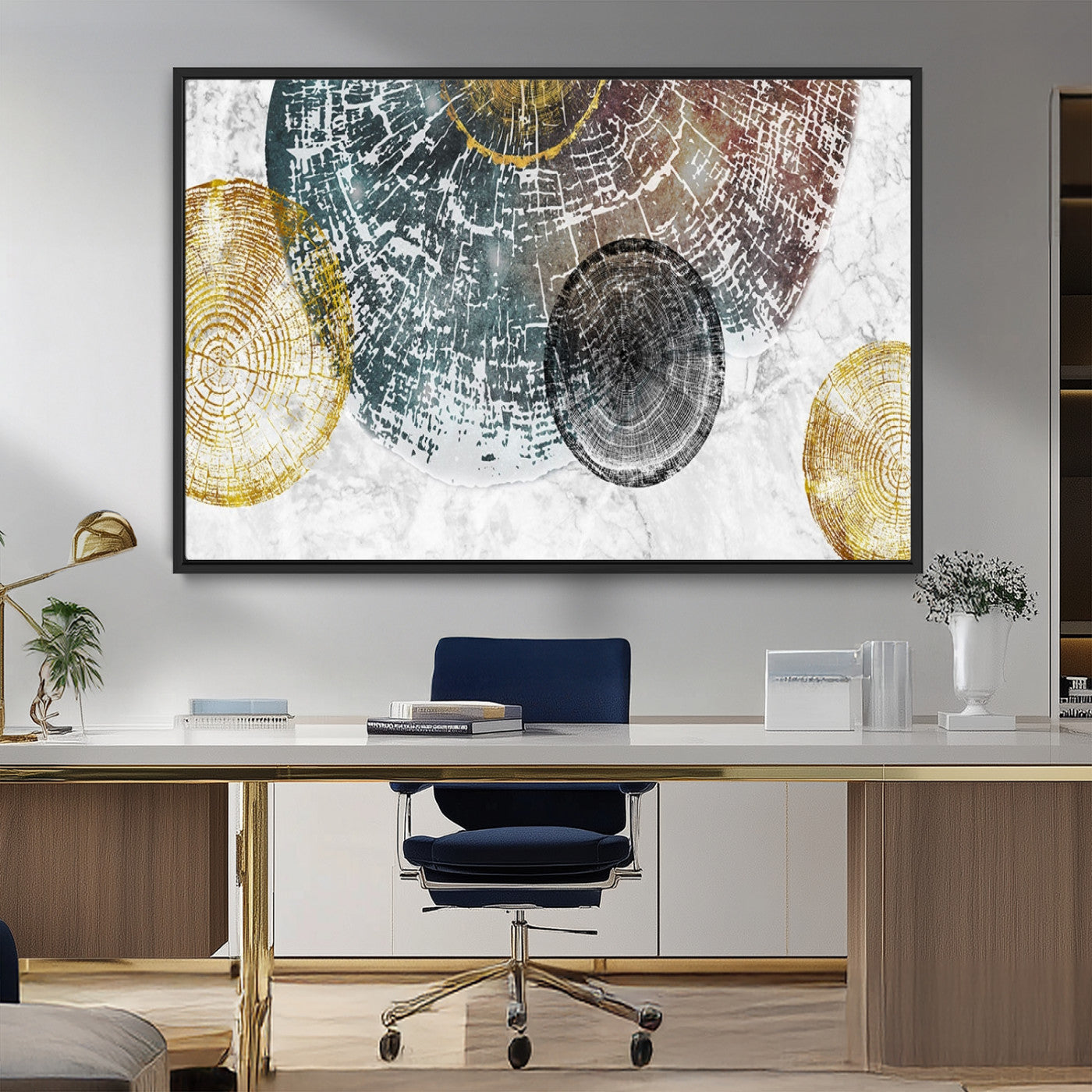 70653-MGV-FC-36X24_Black-Abstract Tree Ring Wall Art – Modern Rustic Wood Slice Canvas Print with Gold Accents, Contemporary Nature Decor for Living Room,