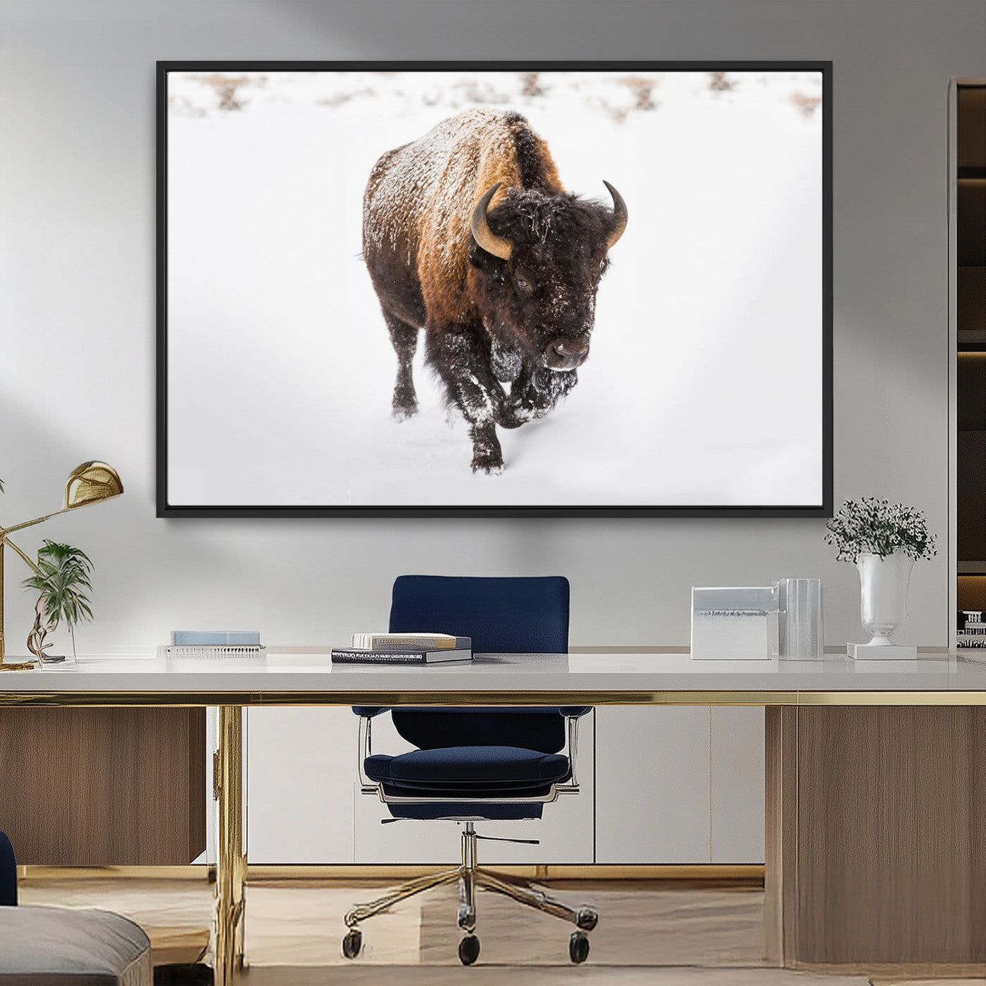 19889-MGV-CV-36X24-Snow Bison Wall Art – Majestic Buffalo Winter Landscape Canvas Print, Rustic Wildlife Photography Decor for Cabin, Lodge, Living