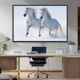 80145-MGV-CV-36X24-White Horses Running Snow Wall Art – Majestic Equine Canvas Print, Winter Nature Photography Decor for Living Room, Office,