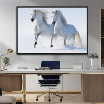 80145-MGV-CV-36X24-White Horses Running Snow Wall Art – Majestic Equine Canvas Print, Winter Nature Photography Decor for Living Room, Office,