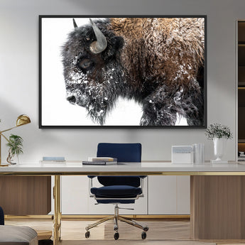 24304-MGV-FC-36X24_Black-Bison Wall Art Canvas Print, Framed Winter Bison Art Picture Print, Snowy Buffalo Perfect Rustic Farmhouse Decor Artwork