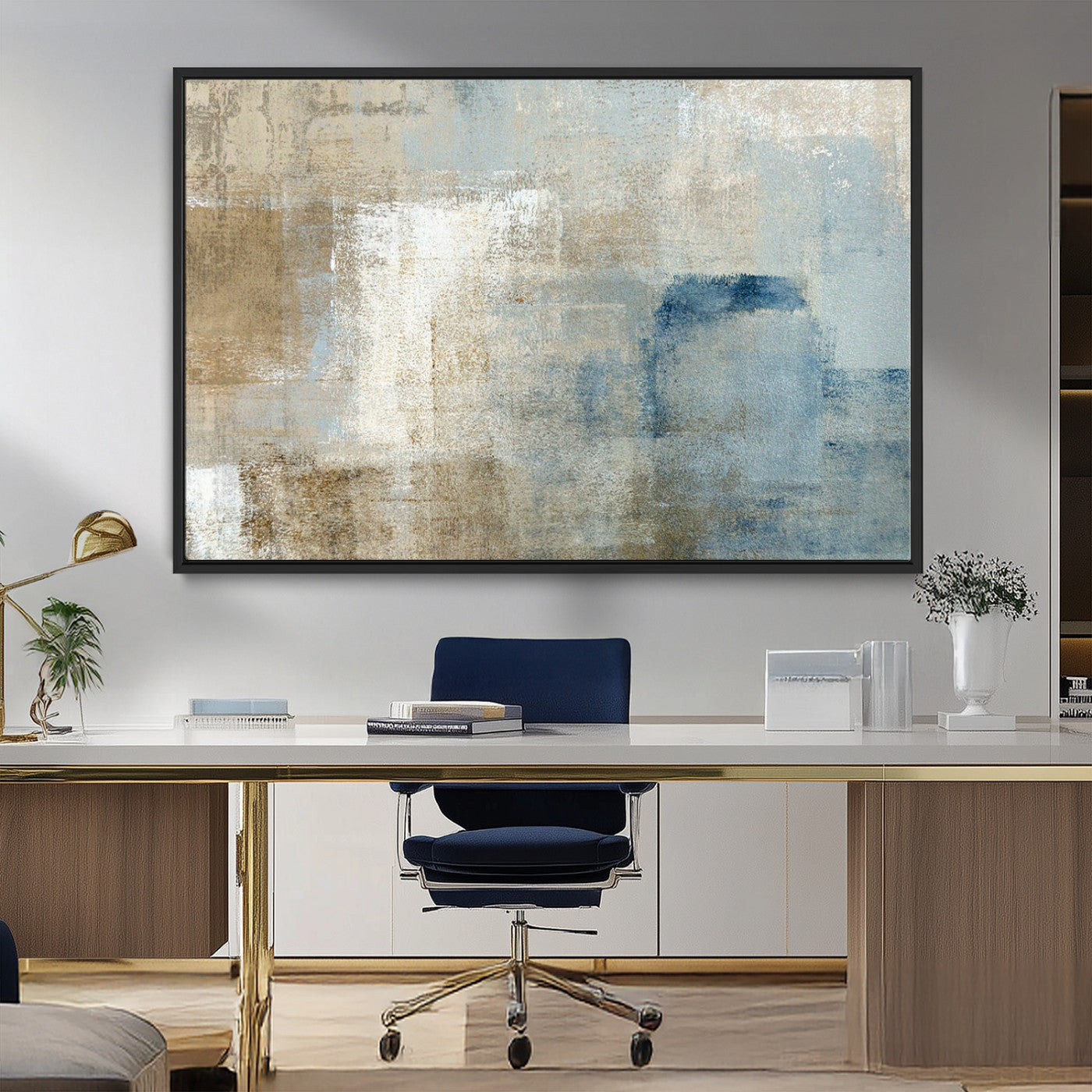 38126-MGV-CV-36X24-Neutral Abstract Wall Art – Modern Beige and Blue Canvas Print and Minimalist Textured Painting for Living Room, Bedroom or Office