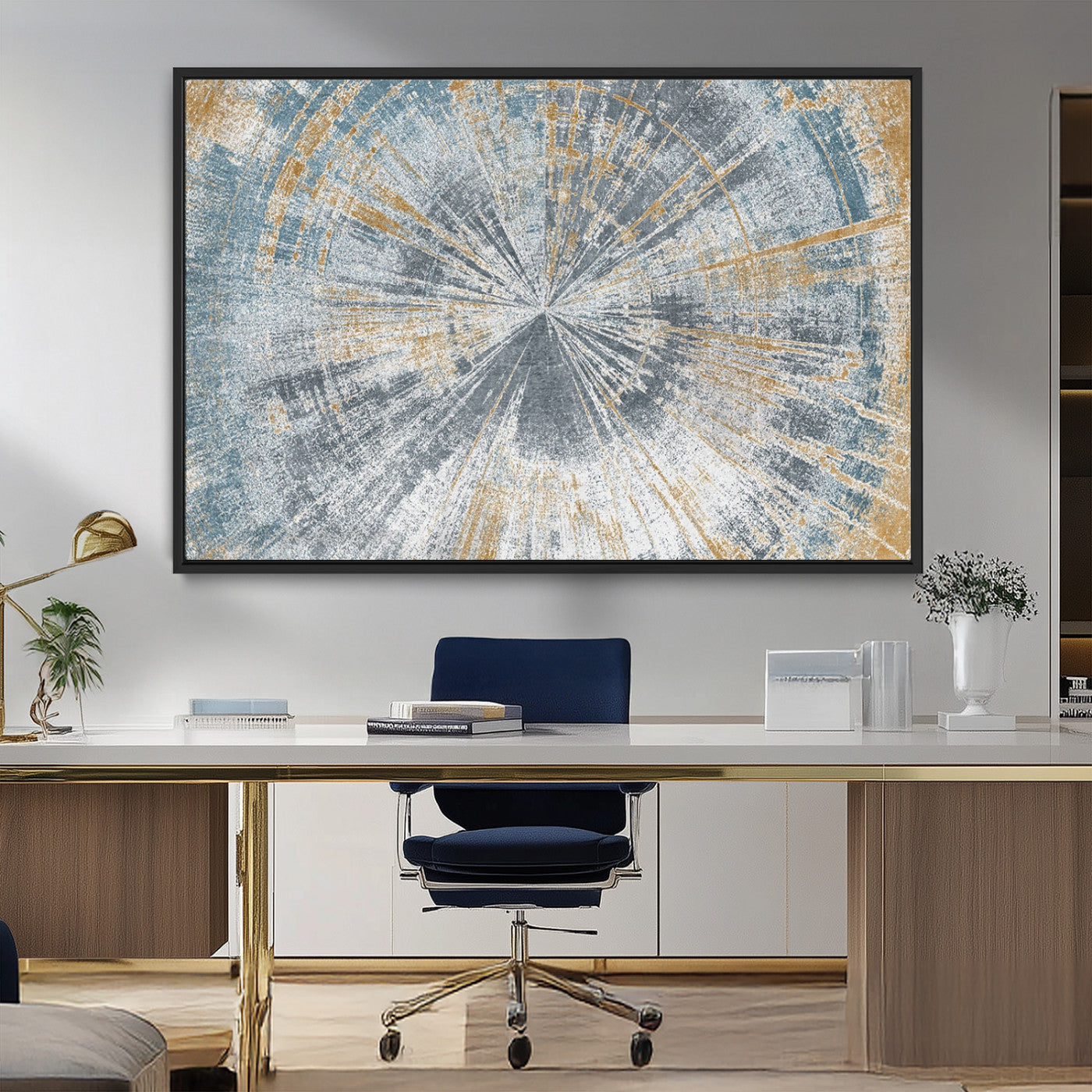 17631-MGV-CV-36X24-Radiant Burst Wall Art – Abstract Sunburst Canvas Print in Blue and Gold, Modern Geometric Painting for Living Room, Office or