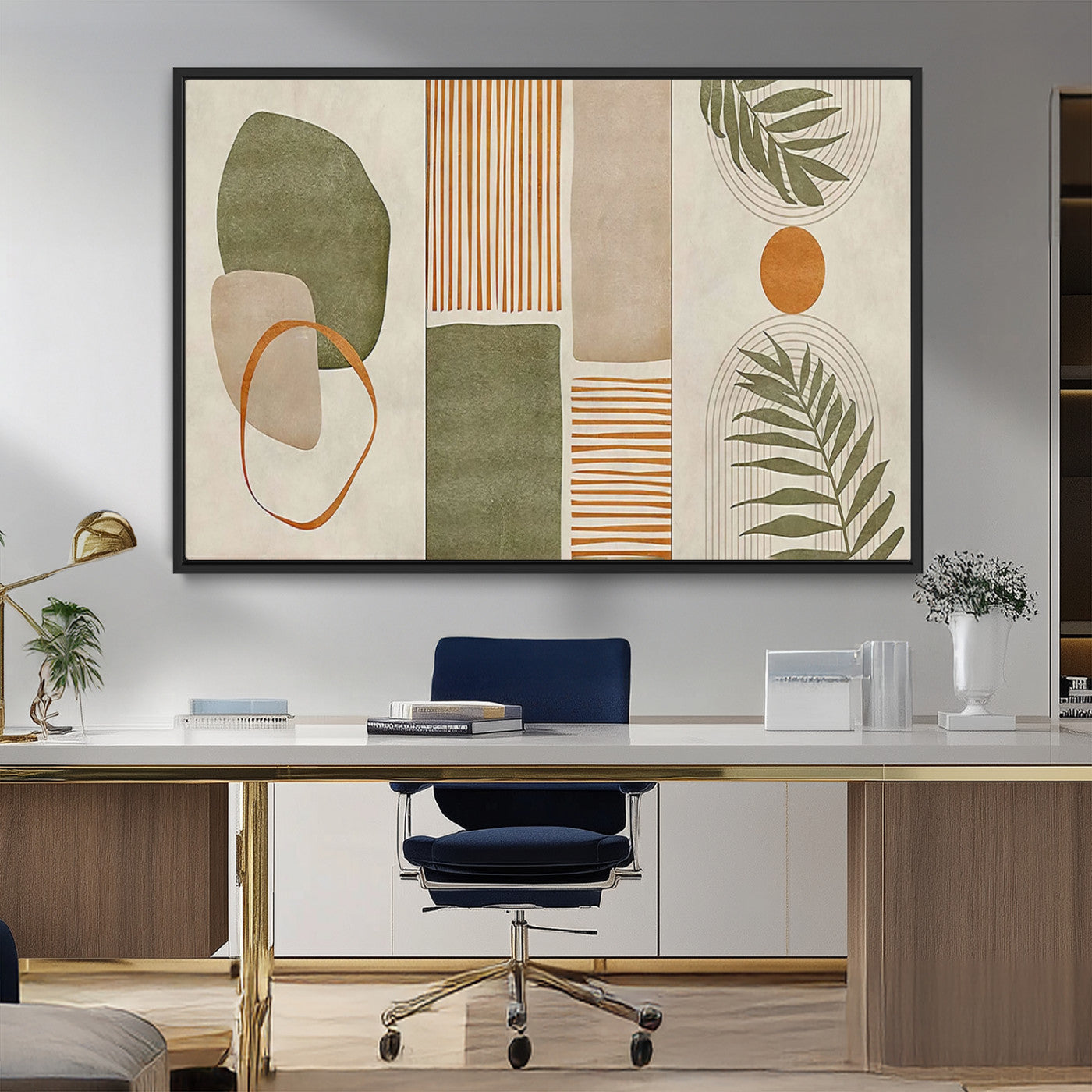 96002-MGV-FC-36X24_Black-Abstract Geometric Wall Art – Modern Canvas Print with Green, Orange & Beige Shapes, Minimalist Home Decor for Living Room, Office