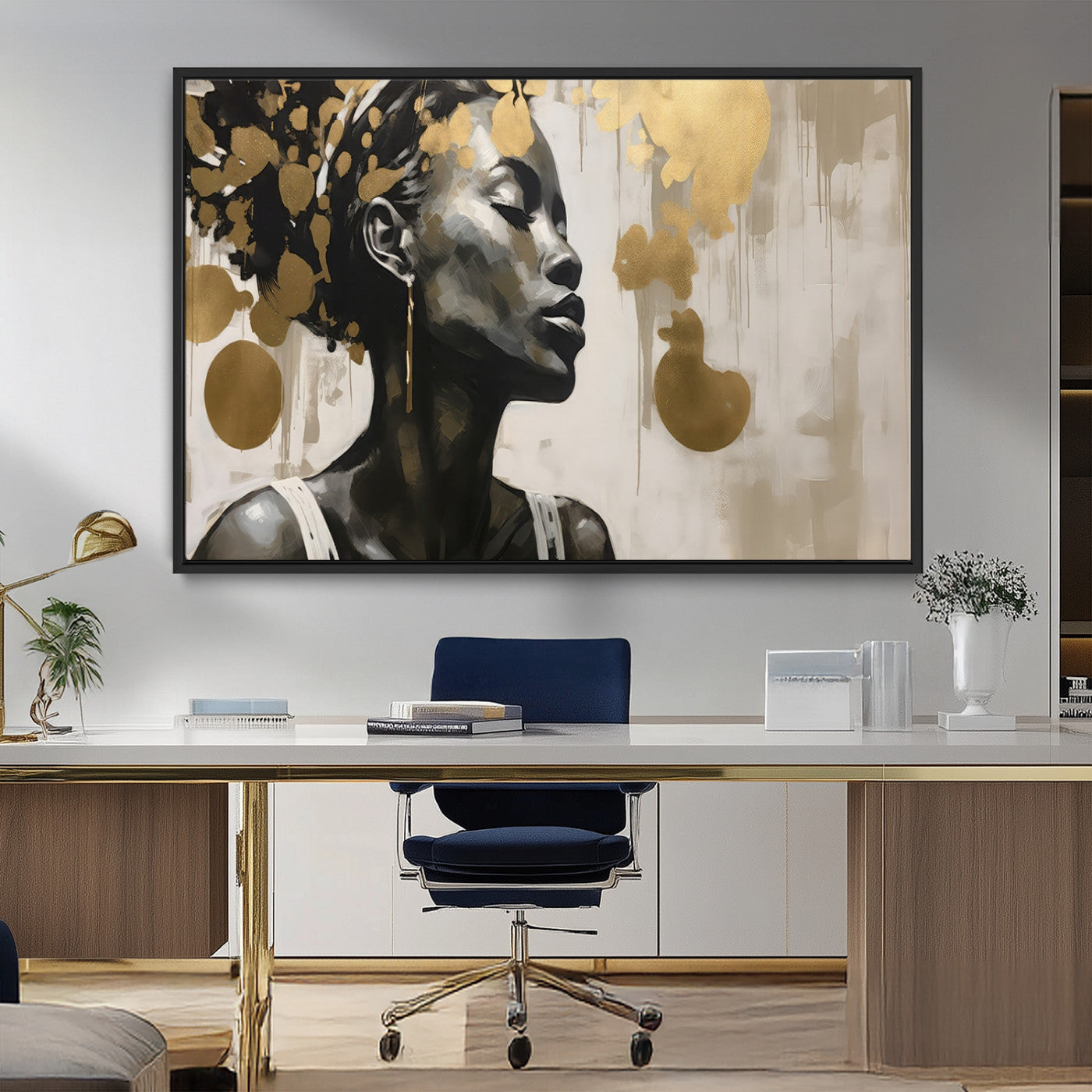 65669-MGV-FC-36X24_Black-Elegant Black Woman Wall Art – Modern Abstract Portrait Canvas with Gold Accents, Contemporary Afrocentric Decor for Living Room