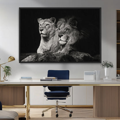 80013-MGV-FC-36X24_Black-Lion and Lioness Wall Art – Black and White Wildlife Photography Canvas Print, African Safari Animal Decor for Office, Bedroom, or