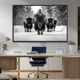 45287-MGV-FC-36X24_Black-Bison Herd Wall Art – Black and White Buffalo Snow Road Canvas Print, Rustic Wildlife Decor for Cabin, Lodge or Living Room