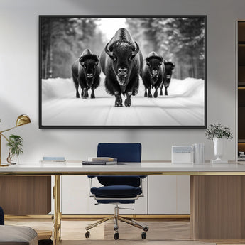 45287-MGV-FC-36X24_Black-Bison Herd Wall Art – Black and White Buffalo Snow Road Canvas Print, Rustic Wildlife Decor for Cabin, Lodge or Living Room