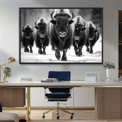 79872-MGV-FC-36X24_Black-Bison Herd Wall Art – Black and White Buffalo on Snow Canvas Print, Rustic Wildlife Decor for Lodge, Cabin, or Living Room