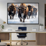 80512-MGV-FC-36X24_Black-Bison Herd Wall Art – Buffalo Running in Snow Canvas Print, Rustic Wildlife Photography Decor for Cabin, Lodge, or Living Room