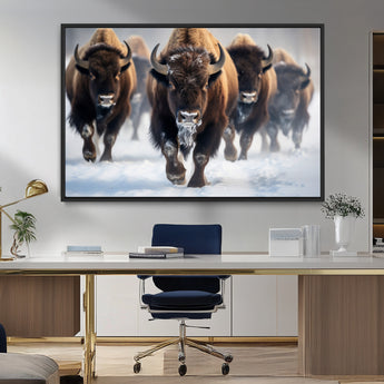 80512-MGV-FC-36X24_Black-Bison Herd Wall Art – Buffalo Running in Snow Canvas Print, Rustic Wildlife Photography Decor for Cabin, Lodge, or Living Room