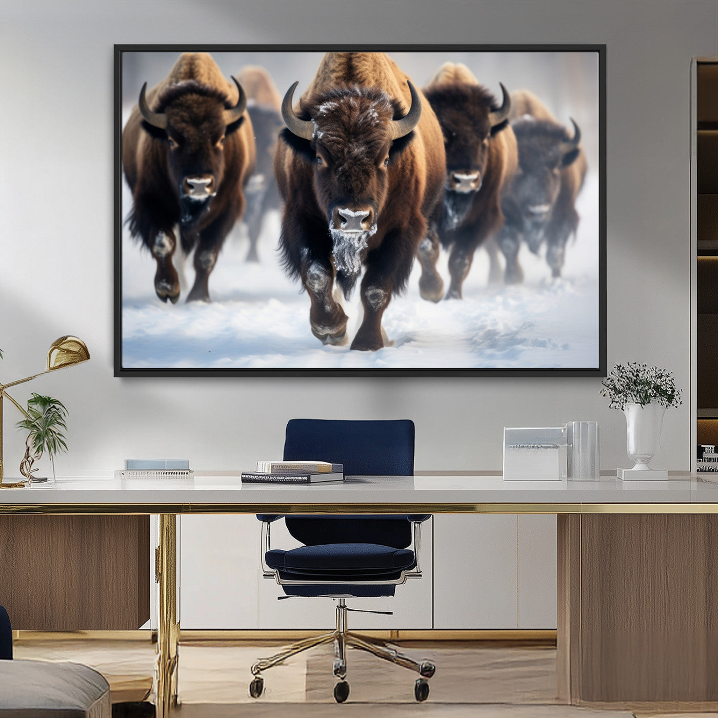 80512-MGV-CV-36X24-Bison Herd Wall Art – Buffalo Running in Snow Canvas Print, Rustic Wildlife Photography Decor for Cabin, Lodge, or Living Room