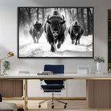 97552-MGV-FC-36X24_Black-Black and White Bison Wall Art – Buffalo Herd Running in Snow Canvas Print, Rustic Wildlife Photography Decor for Cabin, Lodge, or