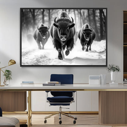 97552-MGV-FC-36X24_Black-Black and White Bison Wall Art – Buffalo Herd Running in Snow Canvas Print, Rustic Wildlife Photography Decor for Cabin, Lodge, or