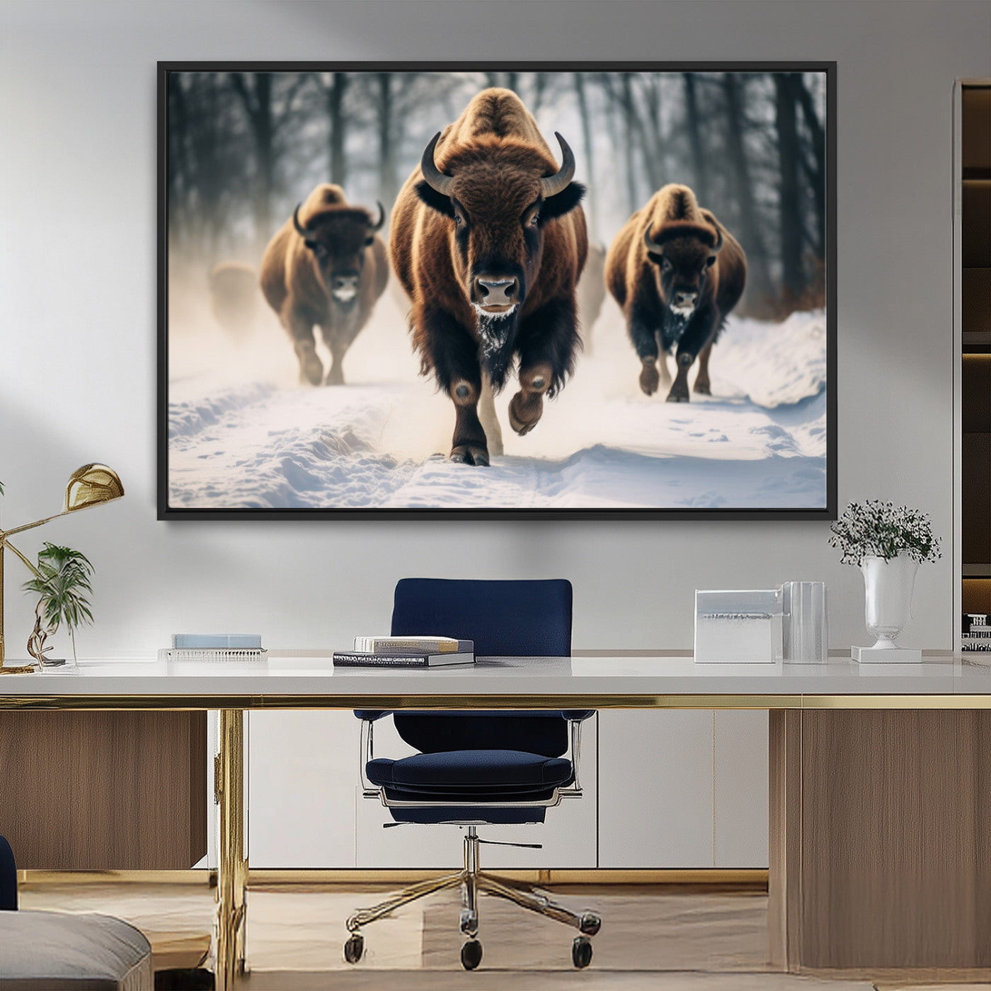 56549-MGV-FC-36X24_Black-Wild Bison Wall Art – Majestic Buffalo Herd Running in Snow Canvas Print, Rustic Wildlife Photography Decor for Cabin, Lodge, or