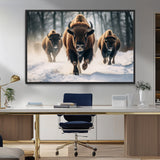 56549-MGV-FC-36X24_Black-Wild Bison Wall Art – Majestic Buffalo Herd Running in Snow Canvas Print, Rustic Wildlife Photography Decor for Cabin, Lodge, or