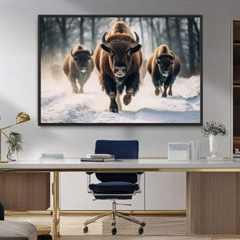 56549-MGV-CV-36X24-Wild Bison Wall Art – Majestic Buffalo Herd Running in Snow Canvas Print, Rustic Wildlife Photography Decor for Cabin, Lodge, or