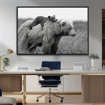 76338-MGV-FC-36X24_Black-Mother Bear and Cub Wall Art – Black and White Wildlife Canvas Print, Rustic Nature Photography for Cabin, Living Room or Office
